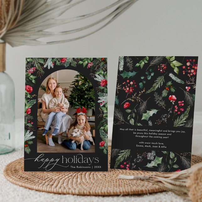 Chic Dark Grey Happy Holidays Botanical Arch Photo Holiday Card (Creator Uploaded)
