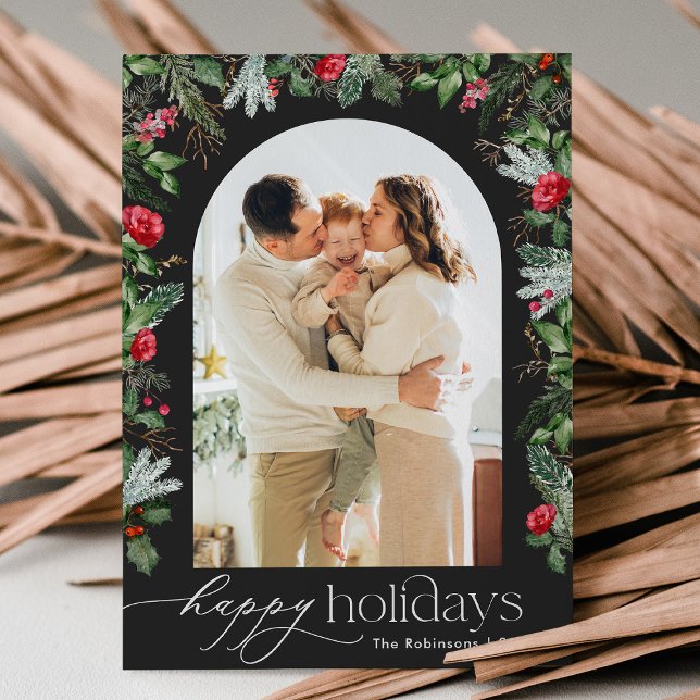 Chic Dark Grey Modern Botanical Arch 1 Photo Holiday Card (Creator Uploaded)