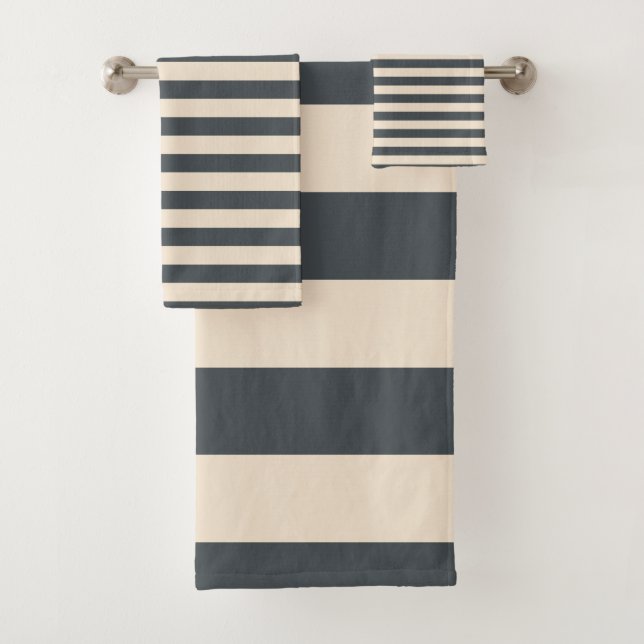 Chic Dark Grey Off-White Striped pattern Bath Towel Set (Insitu)