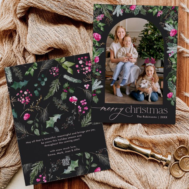 Chic Dark Grey Pink Botanical Arch Christmas Photo Holiday Card (Creator Uploaded)