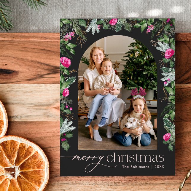 Chic Dark Grey Pink Greenery Arch Christmas Photo Holiday Card (Creator Uploaded)