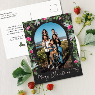 Chic Dark Grey Pink Greenery Arch Merry Christmas Postcard