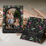 Chic Dark Grey Pink Greenery Arch Photo Christmas Holiday Card<br><div class="desc">This collection features watercolor bright pink florals,  berries & winter greenery with modern & elegant typography,  with a winter botanical pattern back.</div>