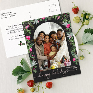 Chic Dark Grey Pink Greenery Arch Photo Holiday Postcard