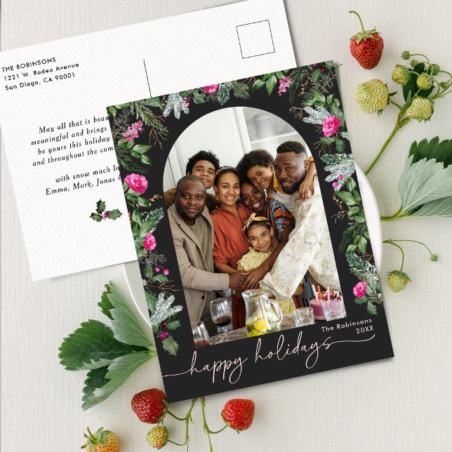 Chic Dark Grey Pink Greenery Arch Photo Holiday Postcard (Creator Uploaded)