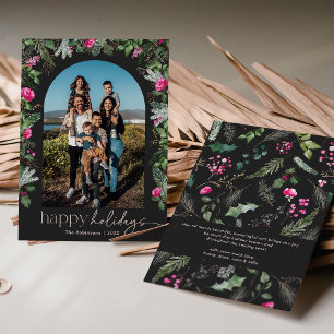 Chic Dark Grey Pink Greenery Foliage Arch Photo Holiday Card