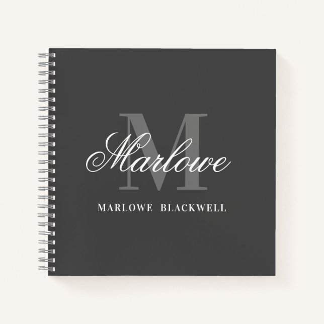 Chic Dark Grey White Monogram Calligraphy Notebook (Front)