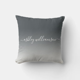 Chic Dark Grey White Ombre Effect Monogram Name Cushion