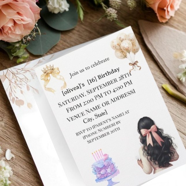 Chic Dark Hair Girl Sweet 16 Birthday Party Invita Invitation (Creator Uploaded)