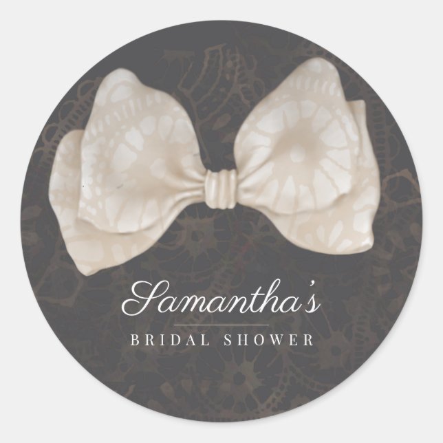 Chic Dark Lace Bow Bridal Shower Classic Round Sticker (Front)