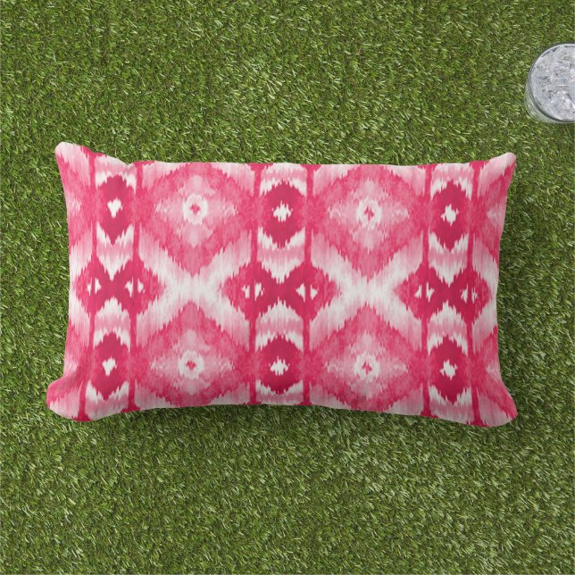 Chic Dark Magenta Pink Red White Ikat Pattern Lumbar Cushion (Grass)