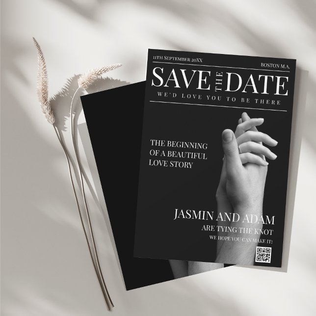 Chic Dark Mode Magazine Wedding Save The Date (Magazine Black Dark Mode Newspaper Photo Wedding Save The Date)