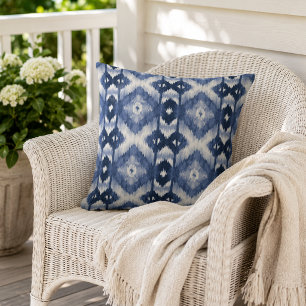 Chic Dark Navy Blue White Ikat Pattern Cushion