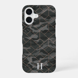 Chic Dark Olive Camo Rose Gold Geometric Monogram iPhone 16 Case
