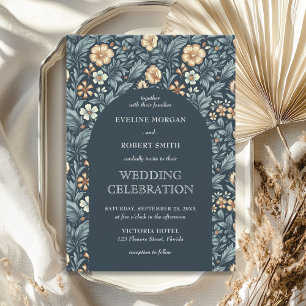 Chic dark pastel blue ivory floral Art Nouveau Invitation