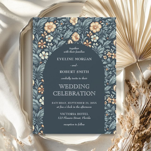Chic dark pastel blue ivory floral Art Nouveau Invitation (Chic dark pastel blue ivory floral Art Nouveau Invitation)