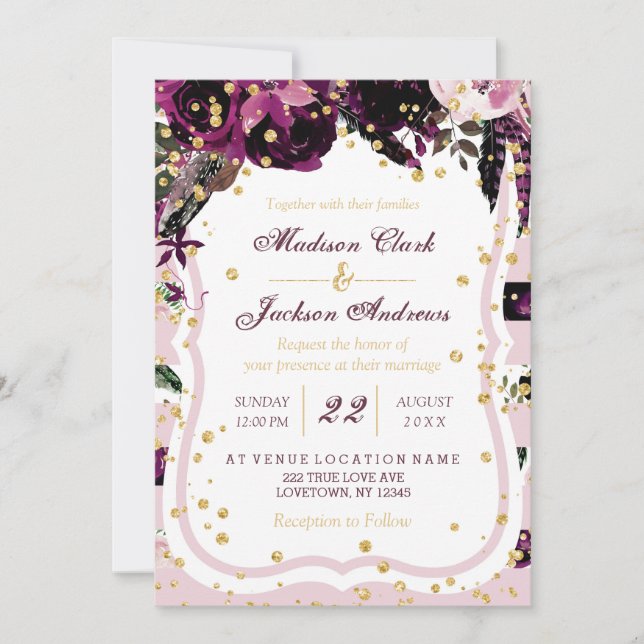 Chic Dark Purple Floral & Gold Wedding Invitations (Front)
