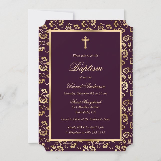 Chic Dark Purple Gold Cross Script Floral Baptism Invitation (Front)