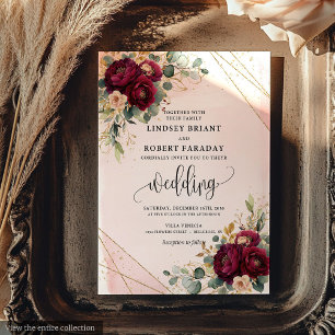 Chic Dark Red Gold Blush Flowers Rustic Wedding  Invitation