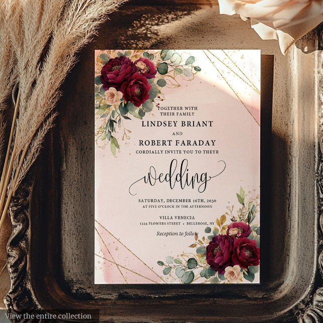 Chic Dark Red Gold Blush Flowers Rustic Wedding  Invitation (Chic Dark Red Gold Blush Flowers Rustic Wedding Invitation)