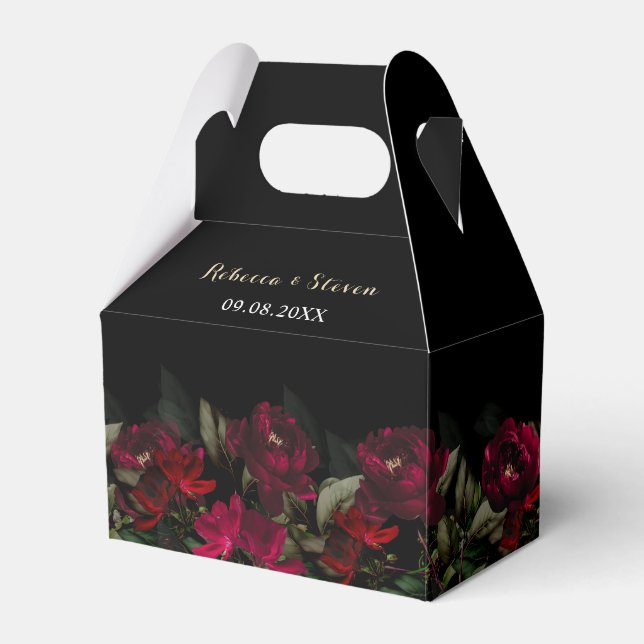 Chic dark red green gothic floral moody wedding favour box (Front Side)