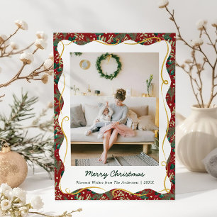 Chic Dark Red Vintage Greenery Christmas 1 Photo Holiday Card