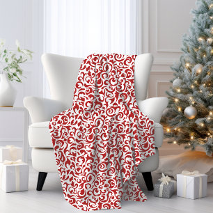 Chic Dark Red White Damask Floral Art Pattern Fleece Blanket
