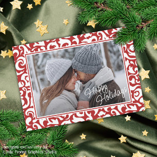 Chic Dark Red White Damask Floral Art Pattern Holiday Card