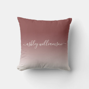 Chic Dark Red White Ombre Effect Monogram Name Cushion