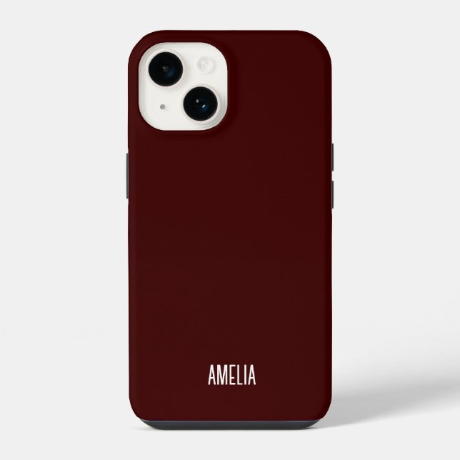 Chic Dark Red &White script Personalised Name iPhone Case (Back)