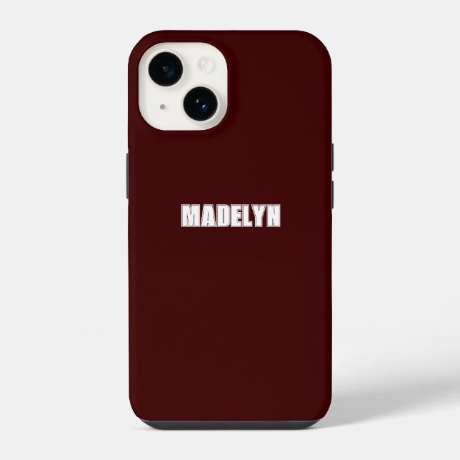 Chic Dark Red &White script Personalised Name iPhone Case (Back)