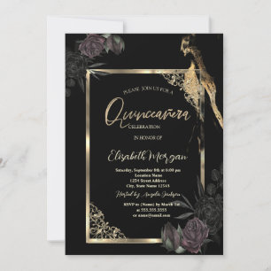 Chic Dark Roses Gold Frame Black Quinceañera Invitation