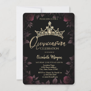 Chic Dark Roses Leaves Quinceañera  Invitation