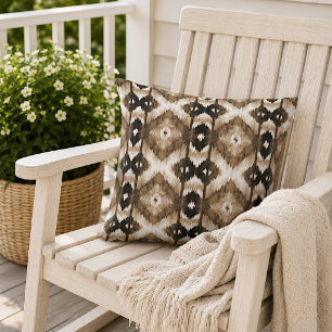 Chic Dark Taupe Brown White Ikat Pattern Cushion