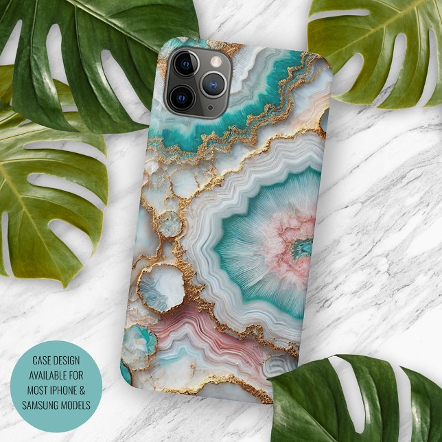 Chic Dark Teal Blue Blush Pink Gold Marble Pattern iPhone Case (Creator Uploaded)