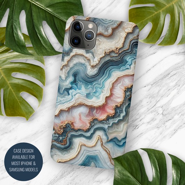 Chic Dark Teal Blue Blush Pink Gold Marble Pattern iPhone Case (Creator Uploaded)