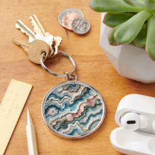 Chic Dark Teal Blue Blush Pink Gold Marble Pattern Key Ring