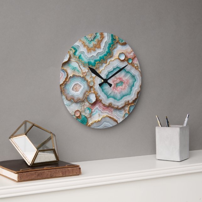 Chic Dark Teal Blue Blush Pink Gold Marble Pattern Large Clock (Office)