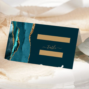 Chic Dark Teal Blue Gold Agate Wedding Place Card