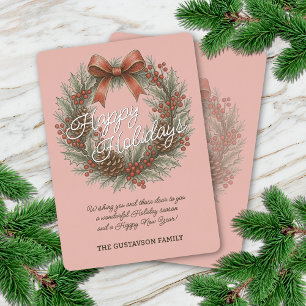 Chic December Holly Wreath With Red Bow On Silver Foil Holiday Card