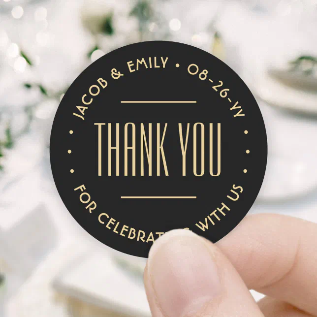 Chic Deco Typography Thank You Black & Gold Classic Round Sticker | Zazzle