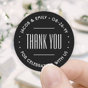 Chic Deco Typography Thank You Black & White Classic Round Sticker