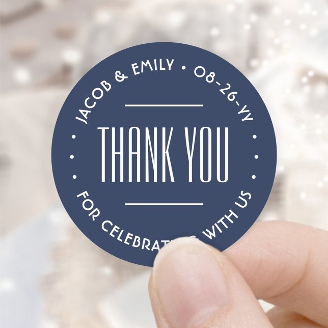 Chic Deco Typography Thank You Navy Blue & White Classic Round Sticker (Creator Uploaded)