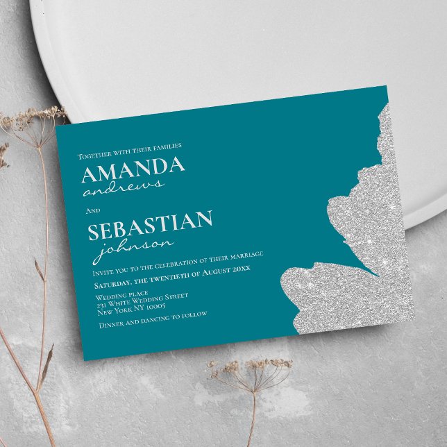 Chic deep cyan silver glitter brushstrokes wedding invitation (Chic deep cyan silver glitter brushstrokes wedding)