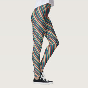 Chic Deep Red, Blue and Beige Striped Pattern Leggings