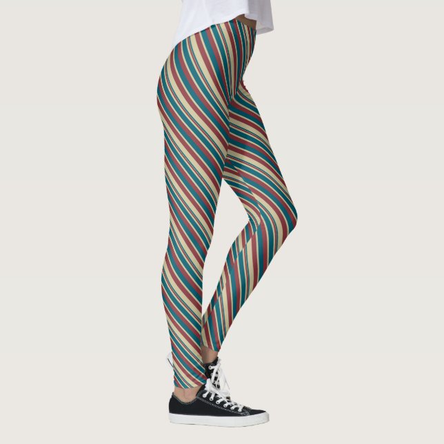 Chic Deep Red, Blue and Beige Striped Pattern Leggings (Right)
