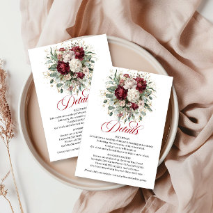 Chic Deep Red Floral Greenery Gold Wedding Details Enclosure Card