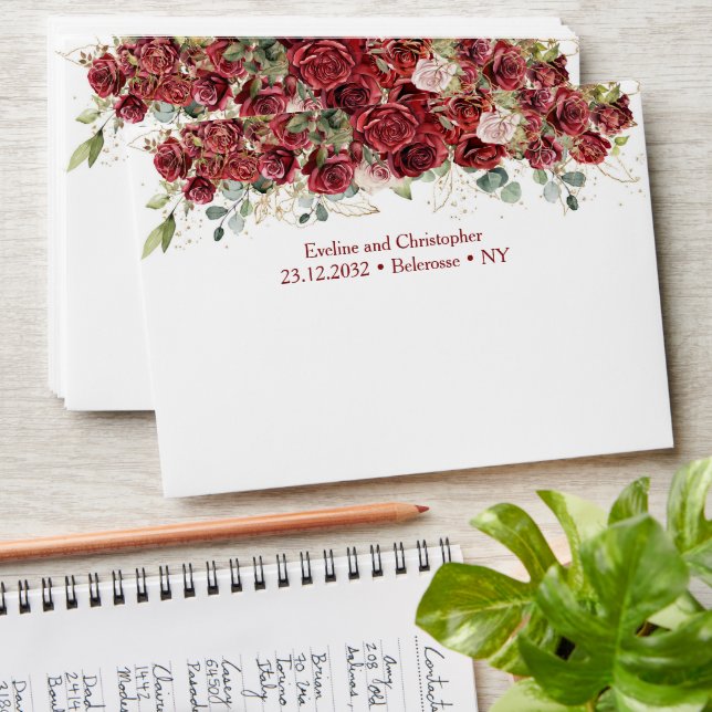 Chic deep red merlot blush greenery gold envelopes (Stacked)