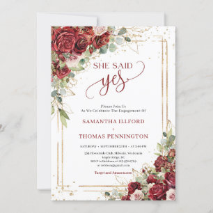 Chic deep red merlot greenery gold she said yes invitation