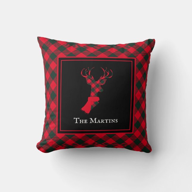 Chic Deer Red & Green Plaid Personalised Christmas Cushion (Front)